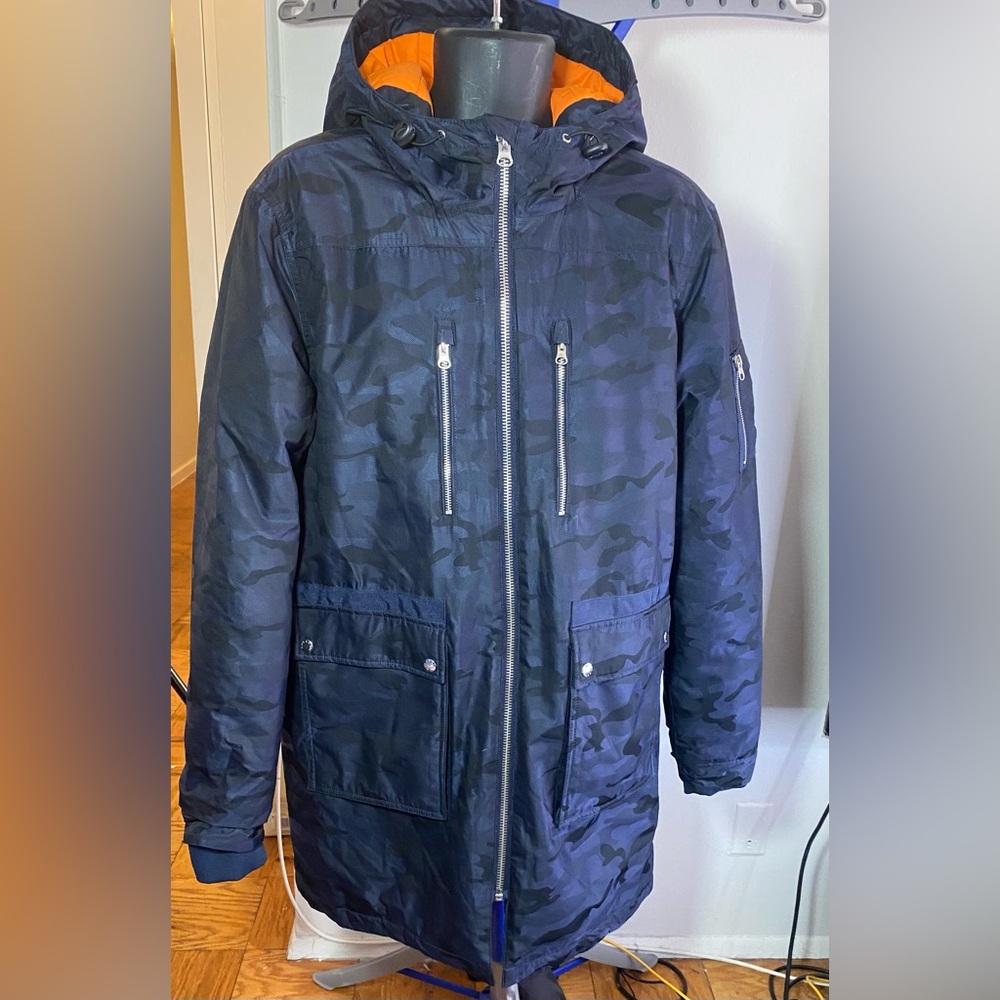 💙Slate & Stone Long Hooded Parka Coat Blue Black Camo Size L - Picture 6 of 15